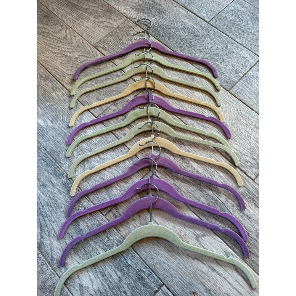 Velvet Clothes Hangers 12 Pack Purple Green Tan Non Slip Slim Profile Clothing